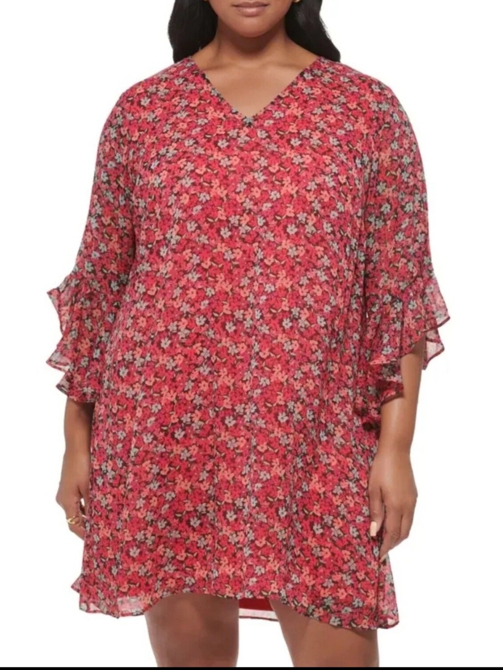 Calvin Klein Floral V Neck Trapeze Dress in Hibiscus Chiffon Size 18W